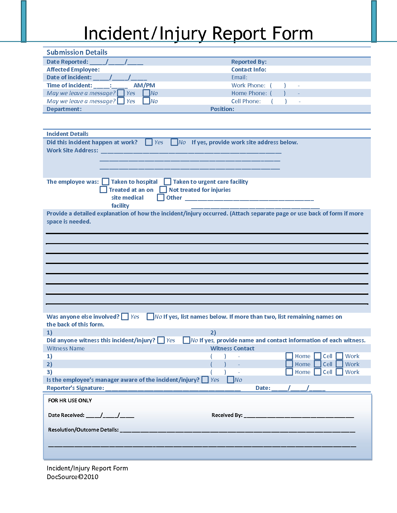 Effective Accident Injury Report Form Template With Blue For Injury Report Form Template