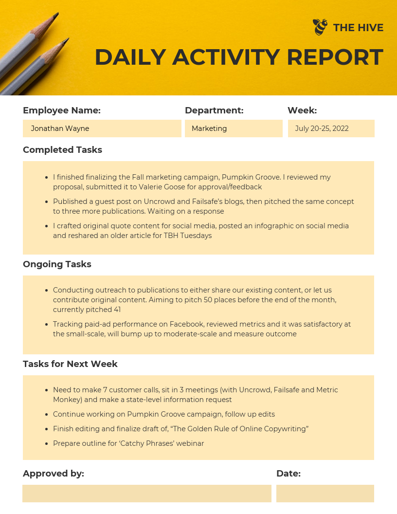 Employee Daily Activity Report Template In Employee Daily Report Template