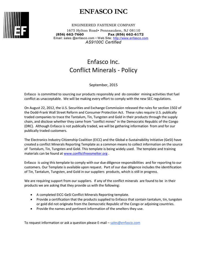 Enfasco Inc Enfasco Inc. Conflict Minerals – Policy | Manualzz Regarding Eicc Conflict Minerals Reporting Template