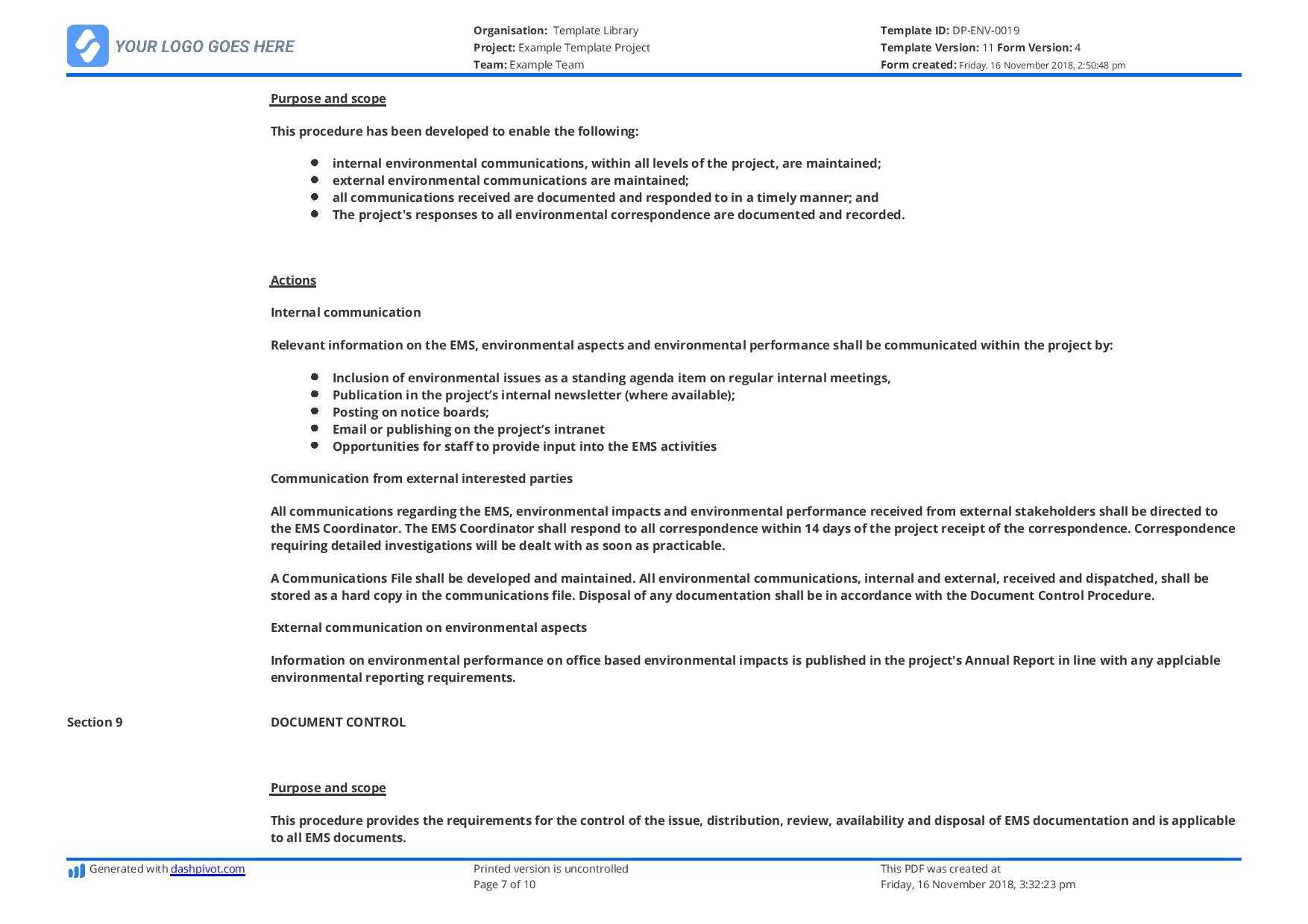Environmental Management System Template [Free To Use And For Environmental Impact Report Template