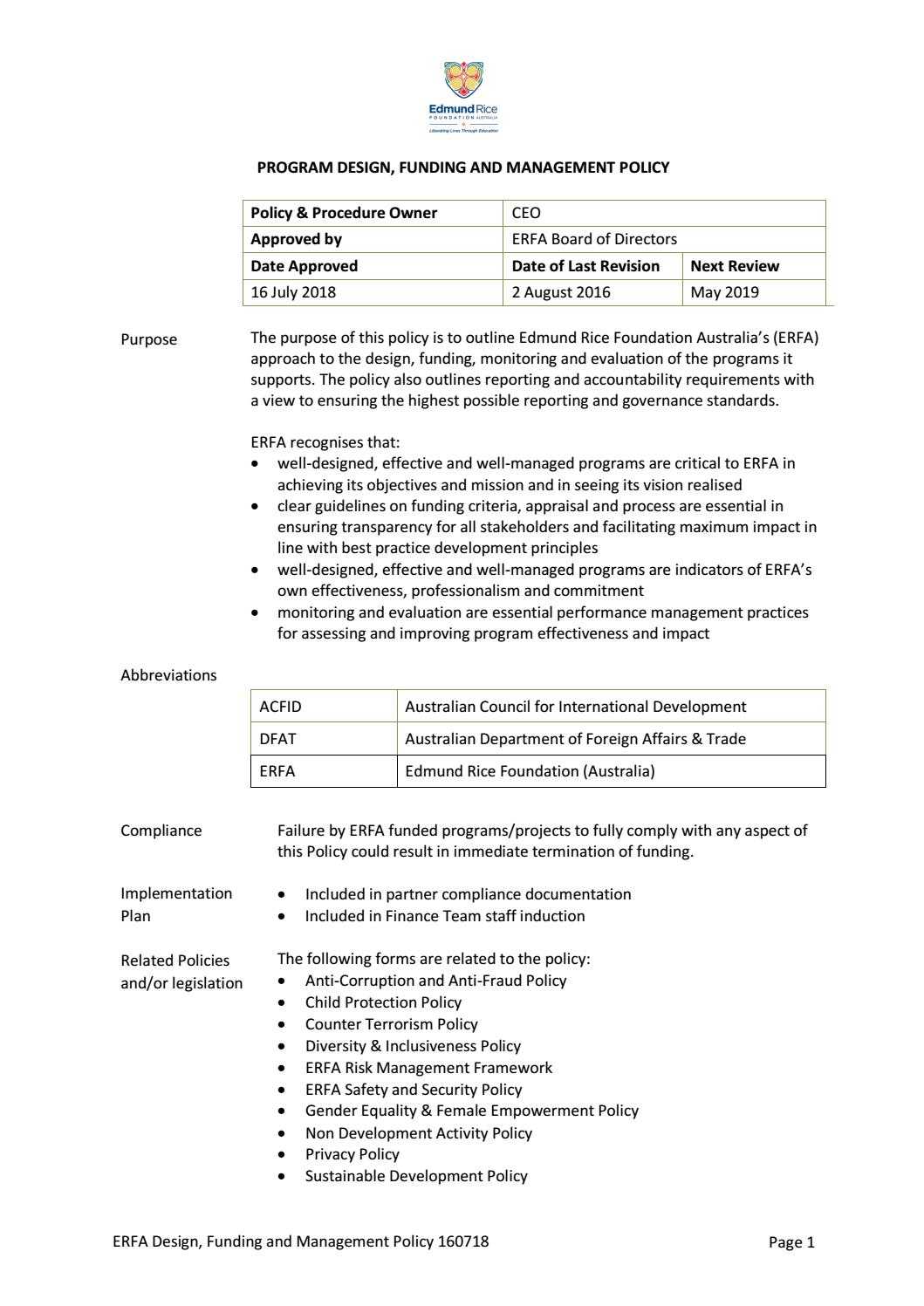 Erfa's Program Design, Funding & Management Policy July 2018 For Acquittal Report Template