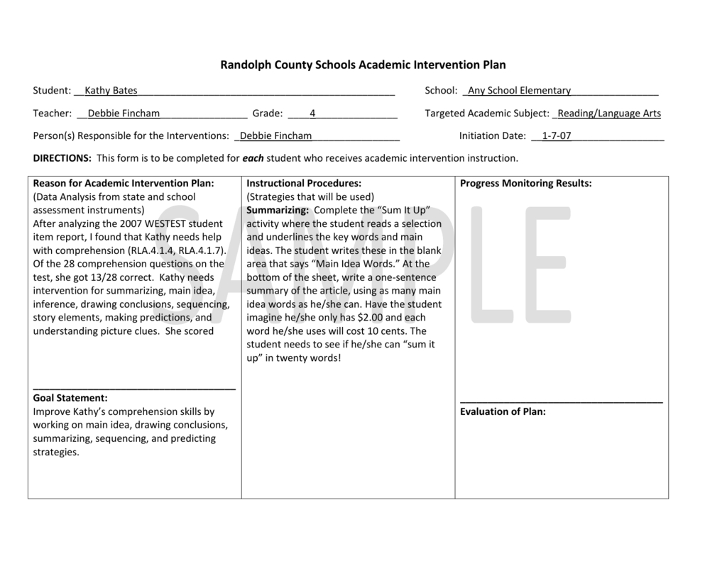 Example Of Academic Intervention Plan For Grades 3 5 Inside Intervention Report Template