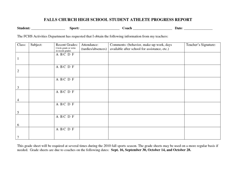 Falls Church High School Student Athlete Progress Report Throughout ...