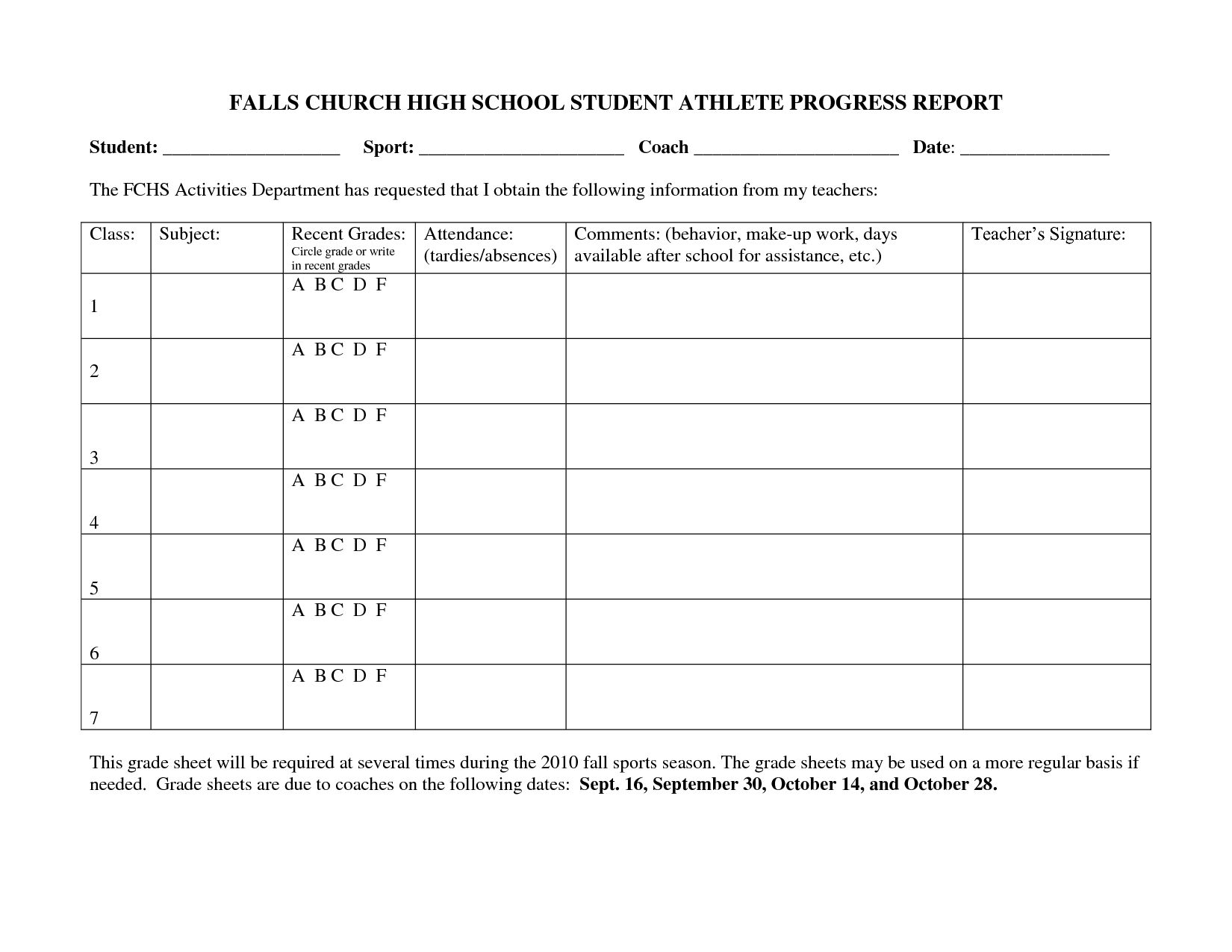 Falls Church High School Student Athlete Progress Report Throughout School Progress Report Template