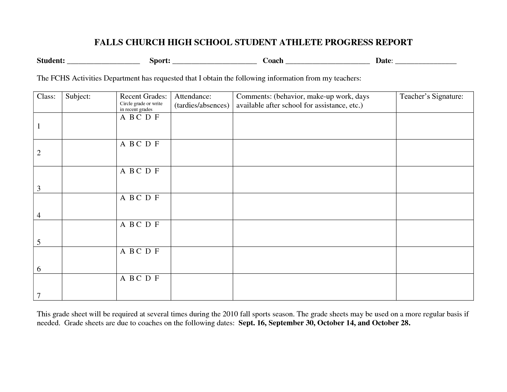 Falls Church High School Student Athlete Progress Report Within High School Progress Report Template