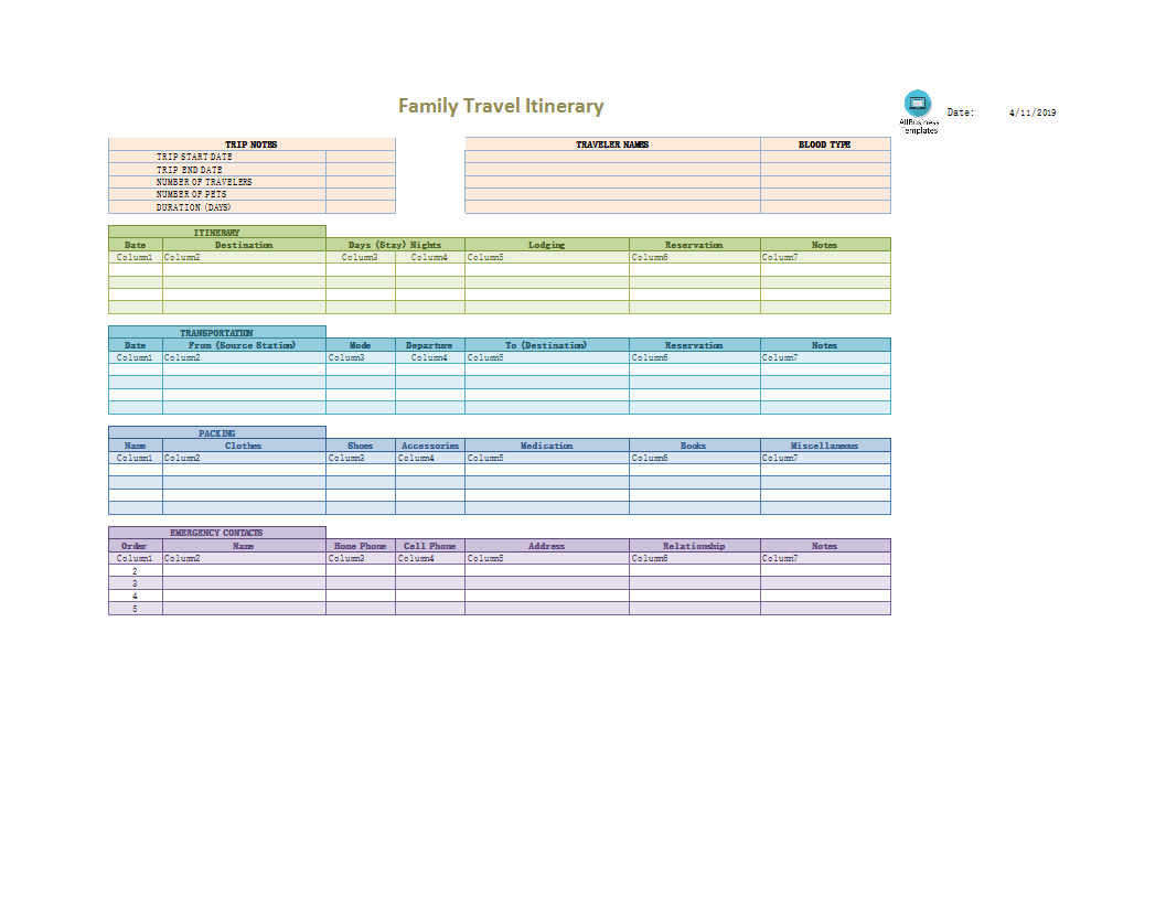 Family Travel Itinerary In Excel | Templates At Inside Blank Trip Itinerary Template