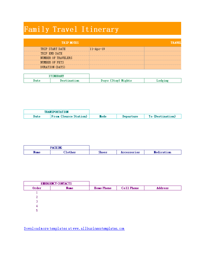 Family Travel Itinerary | Templates At Allbusinesstemplates Pertaining To Blank Trip Itinerary Template