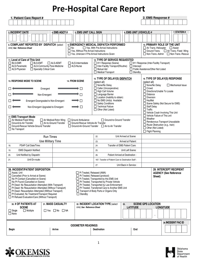 Fillable Online Ok Pre Hospital Care Report – Ok Fax Email Intended For Patient Care Report Template