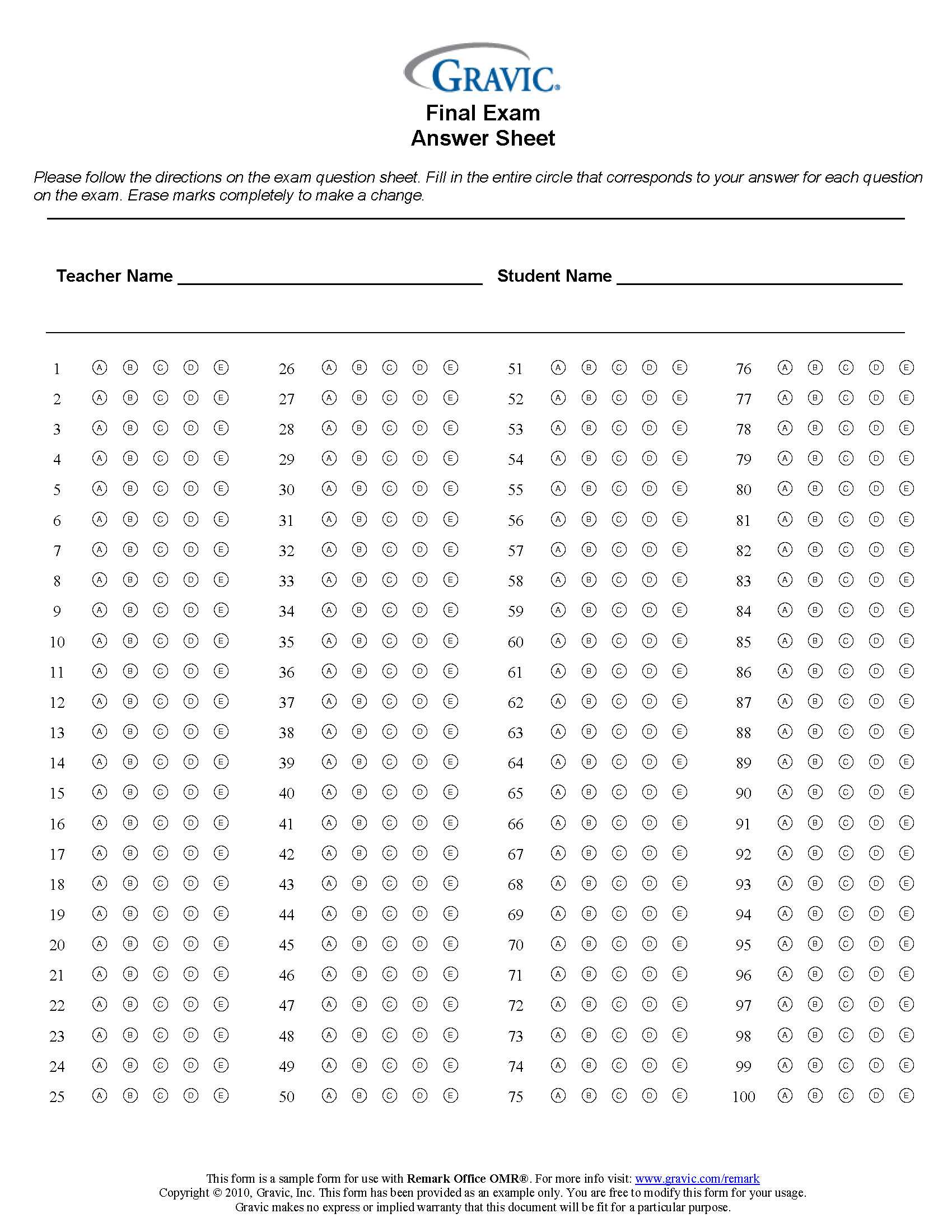 Final Exam 100 Question Test Answer Sheet · Remark Software For Blank Answer Sheet Template 1 100