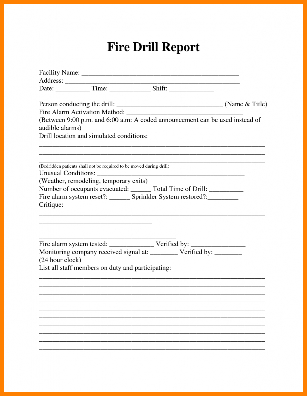 Fire Drill Report Template In Emergency Drill Report Template