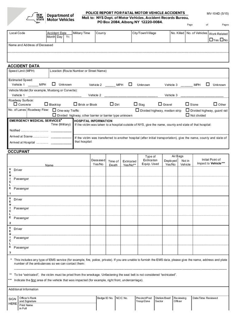 Form Mv 104D – Police Report For Fatal Motor Vehicle For Vehicle Accident Report Form Template