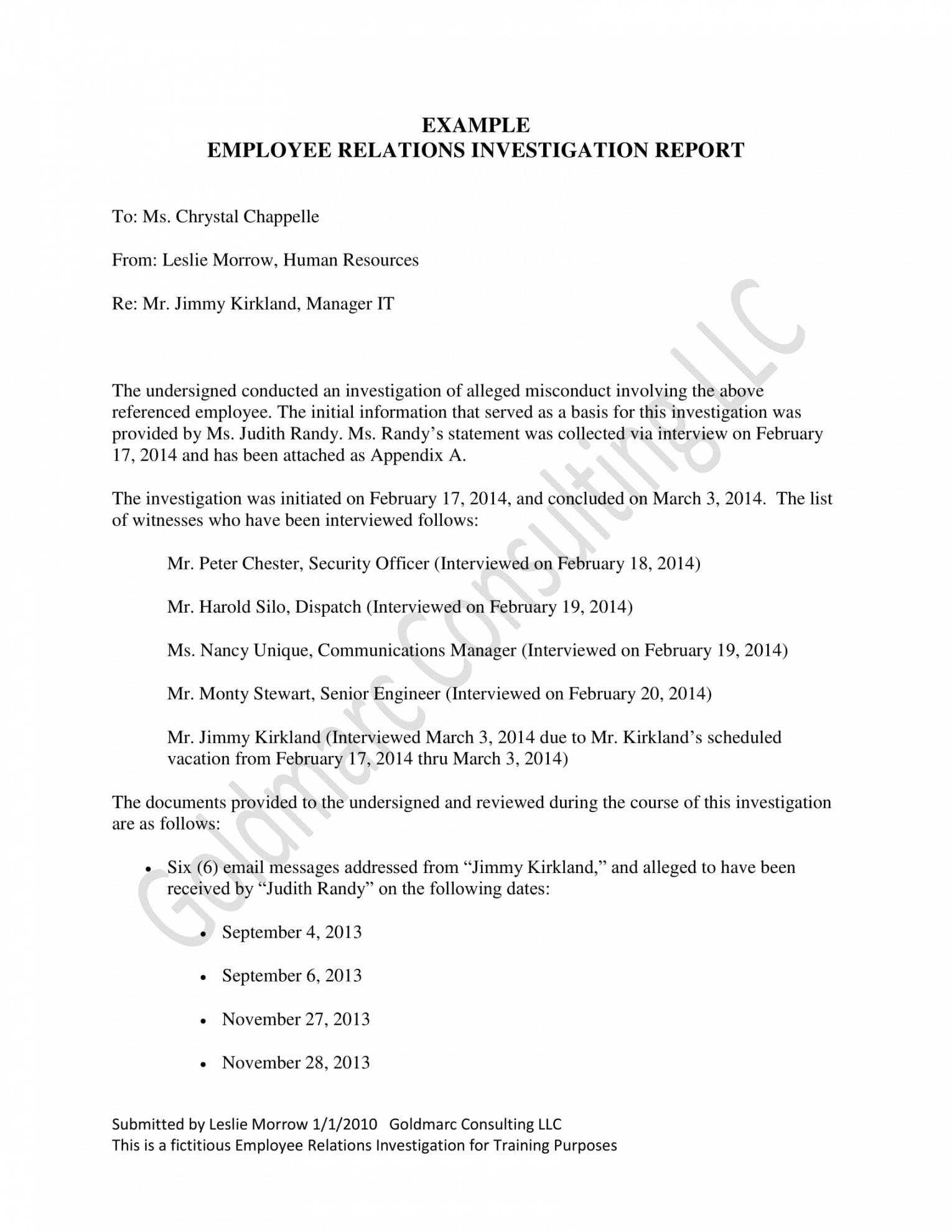 Free 10 Workplace Investigation Report Examples Pdf Examples Throughout Hr Investigation Report Template