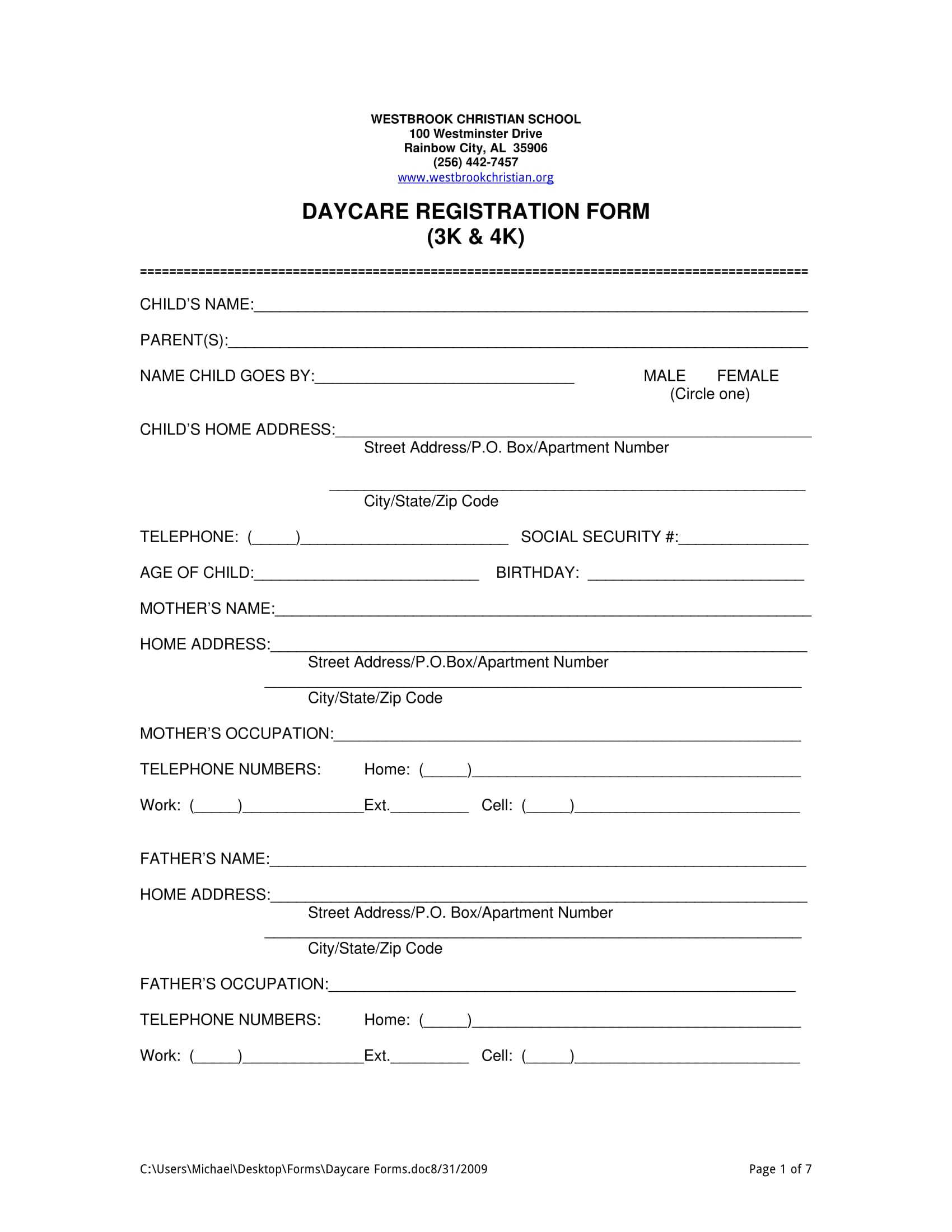Free 11+ Daycare Registration Forms In Pdf | Ms Word With School Registration Form Template Word