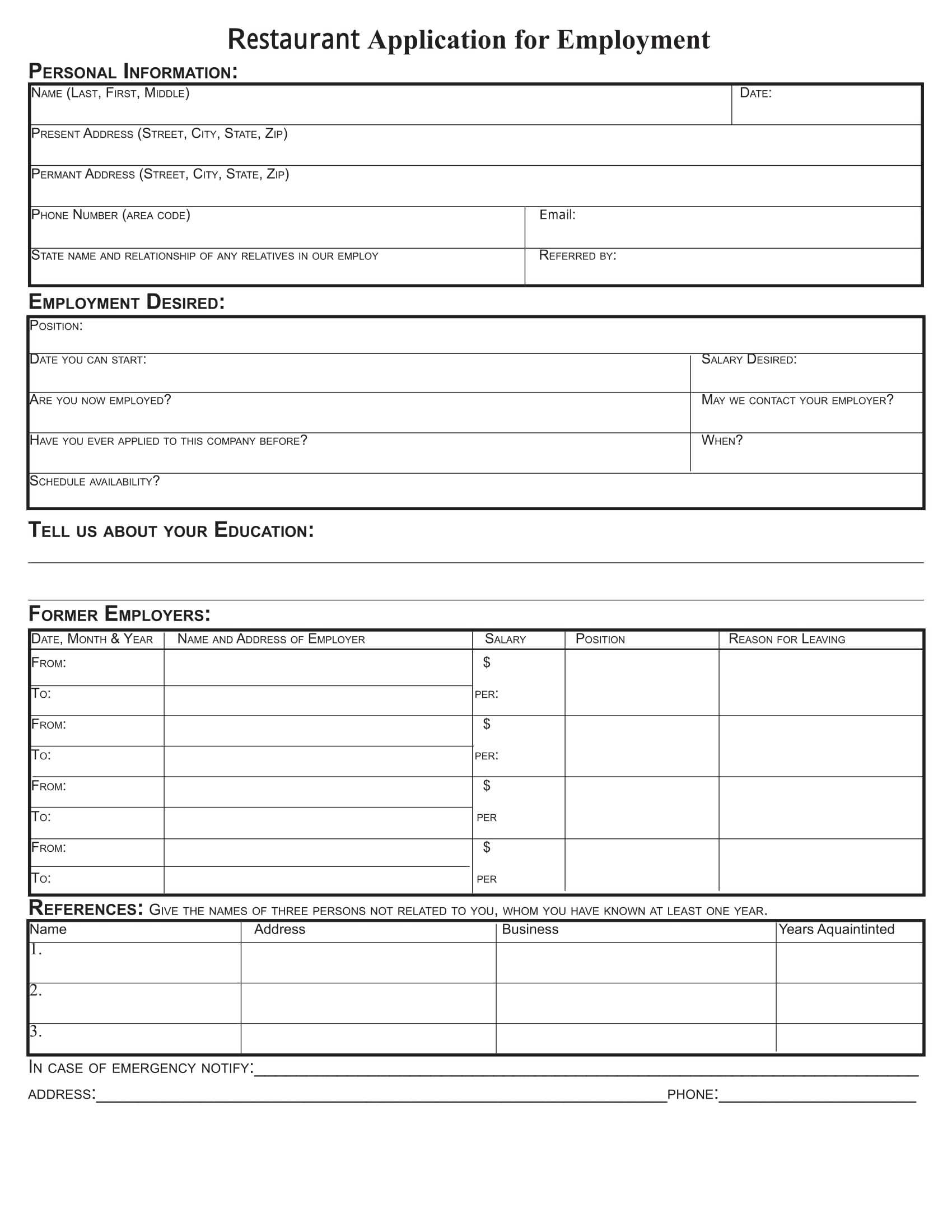 Free 8+ Restaurant Application Forms In Pdf | Ms Word Inside Job Application Template Word