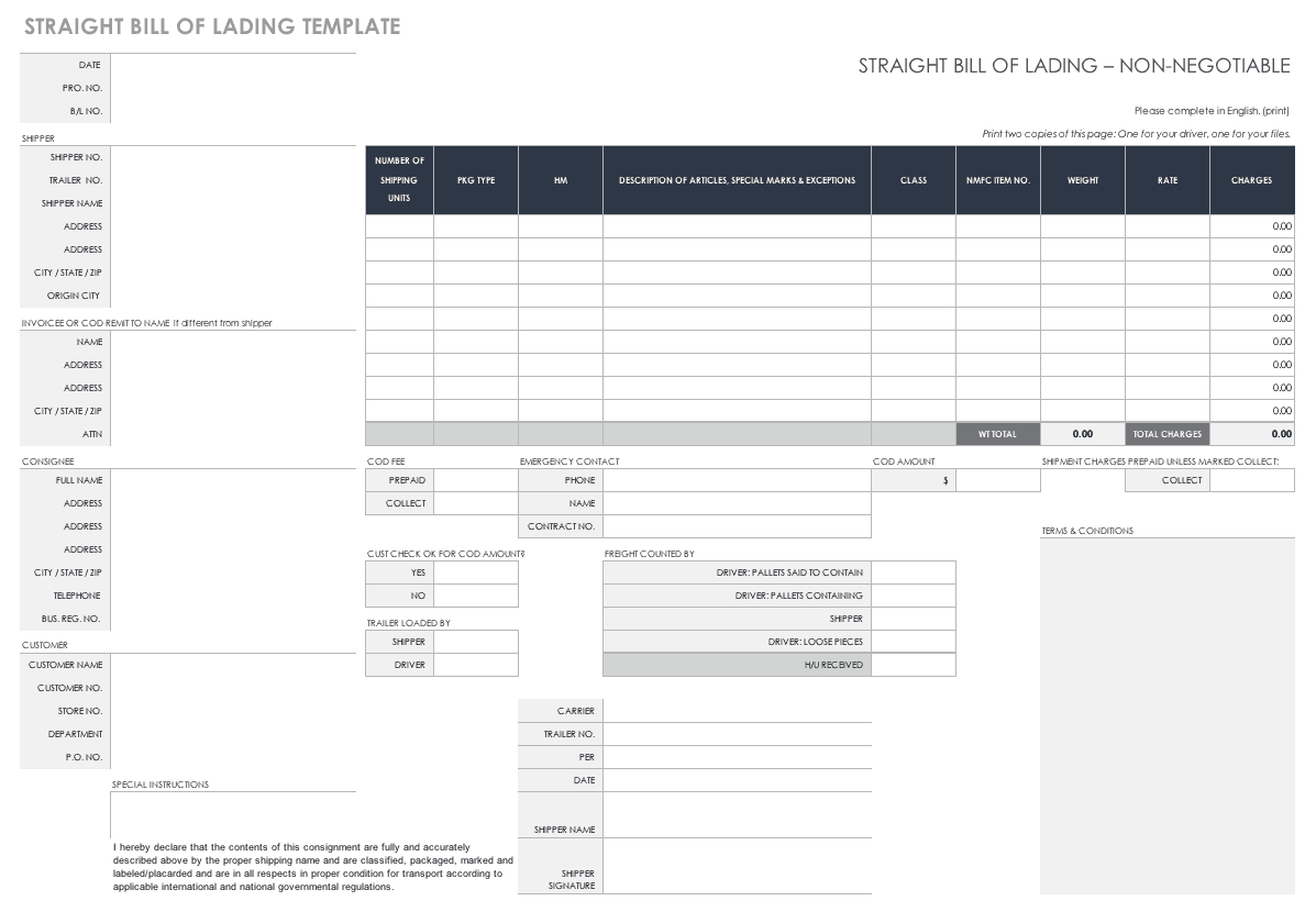 Free Bill Of Lading Templates | Smartsheet Pertaining To Blank Bol Template