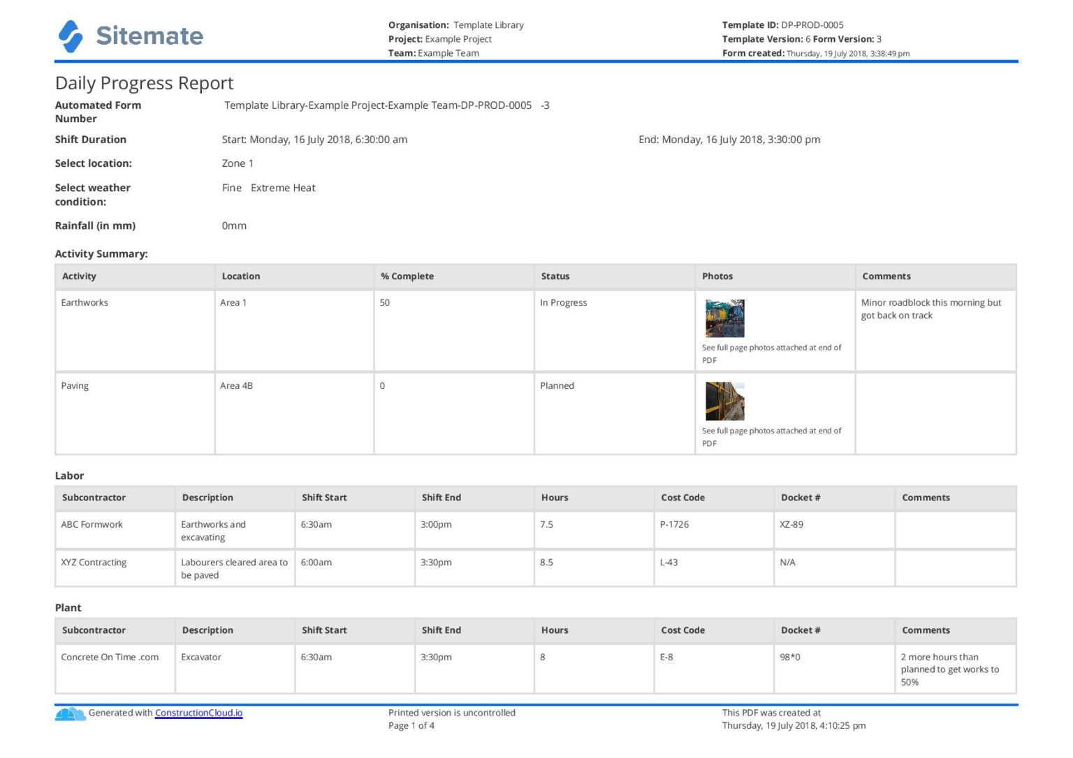 Construction Status Report Template Sample Design Templates