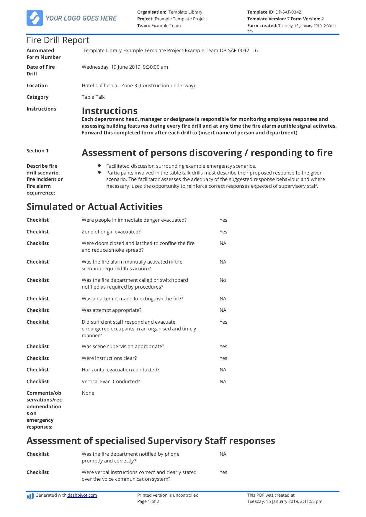 Free Fire Drill Report Template - Use, Customise, Download Pertaining To Emergency Drill Report Template