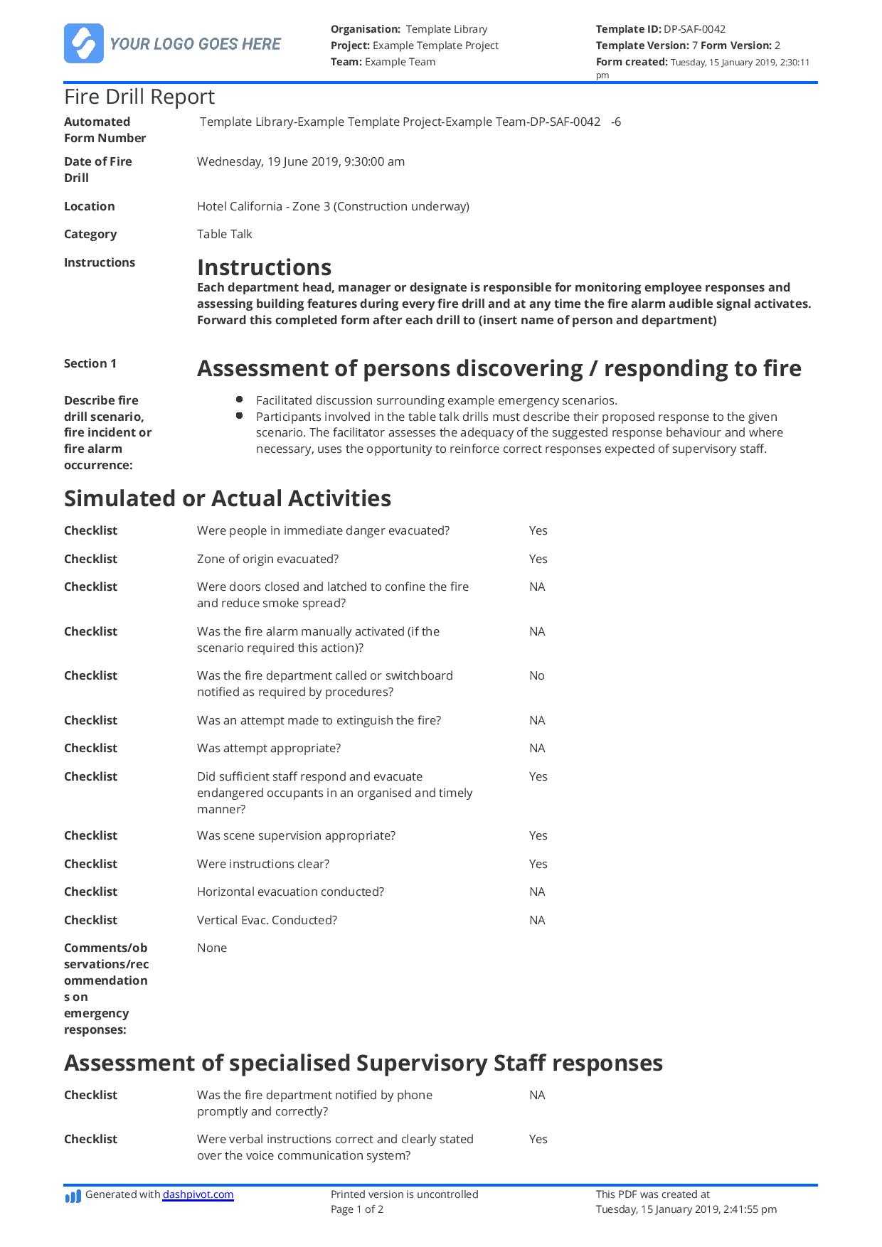 Free Fire Drill Report Template – Use, Customise, Download Pertaining To Emergency Drill Report Template