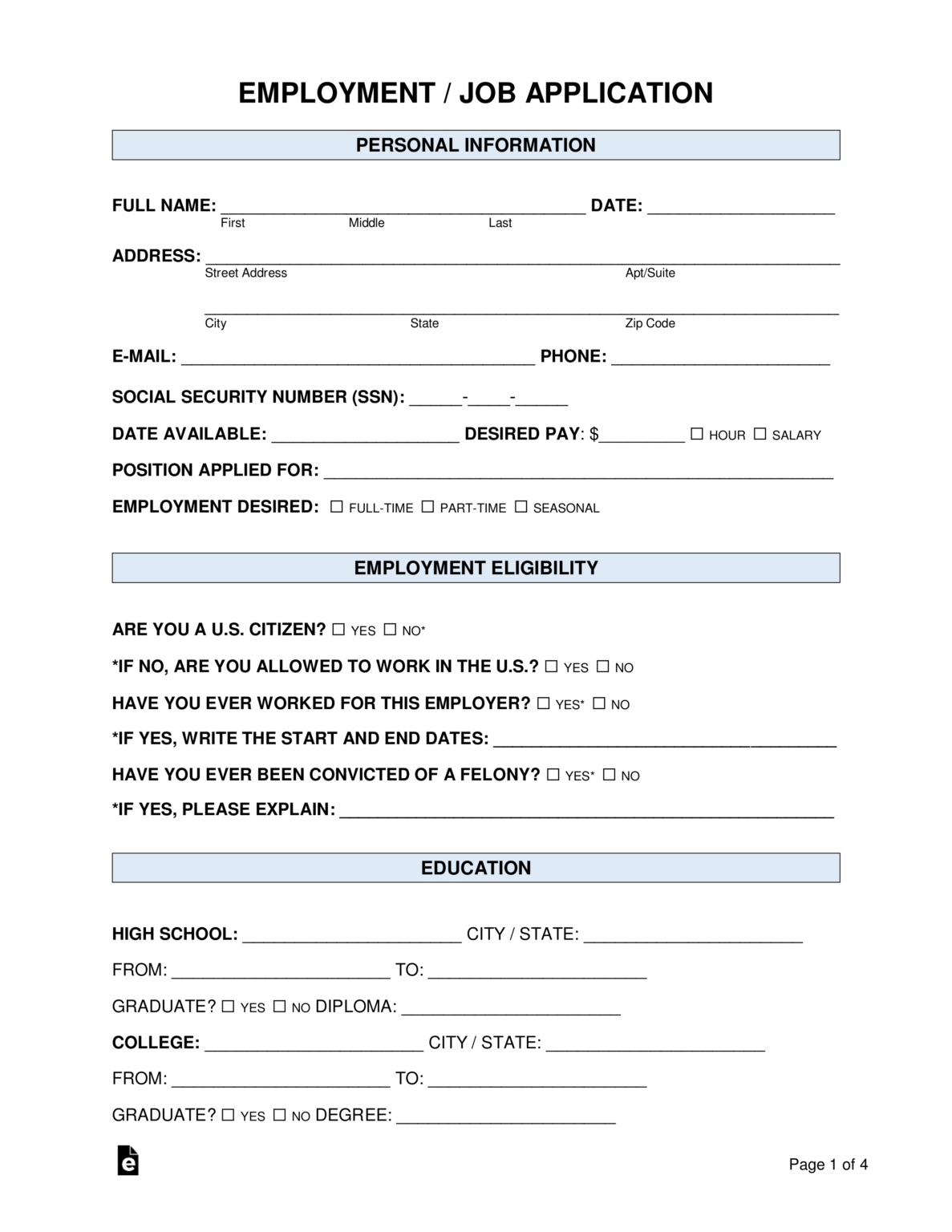 Free Printable Job Application For Students