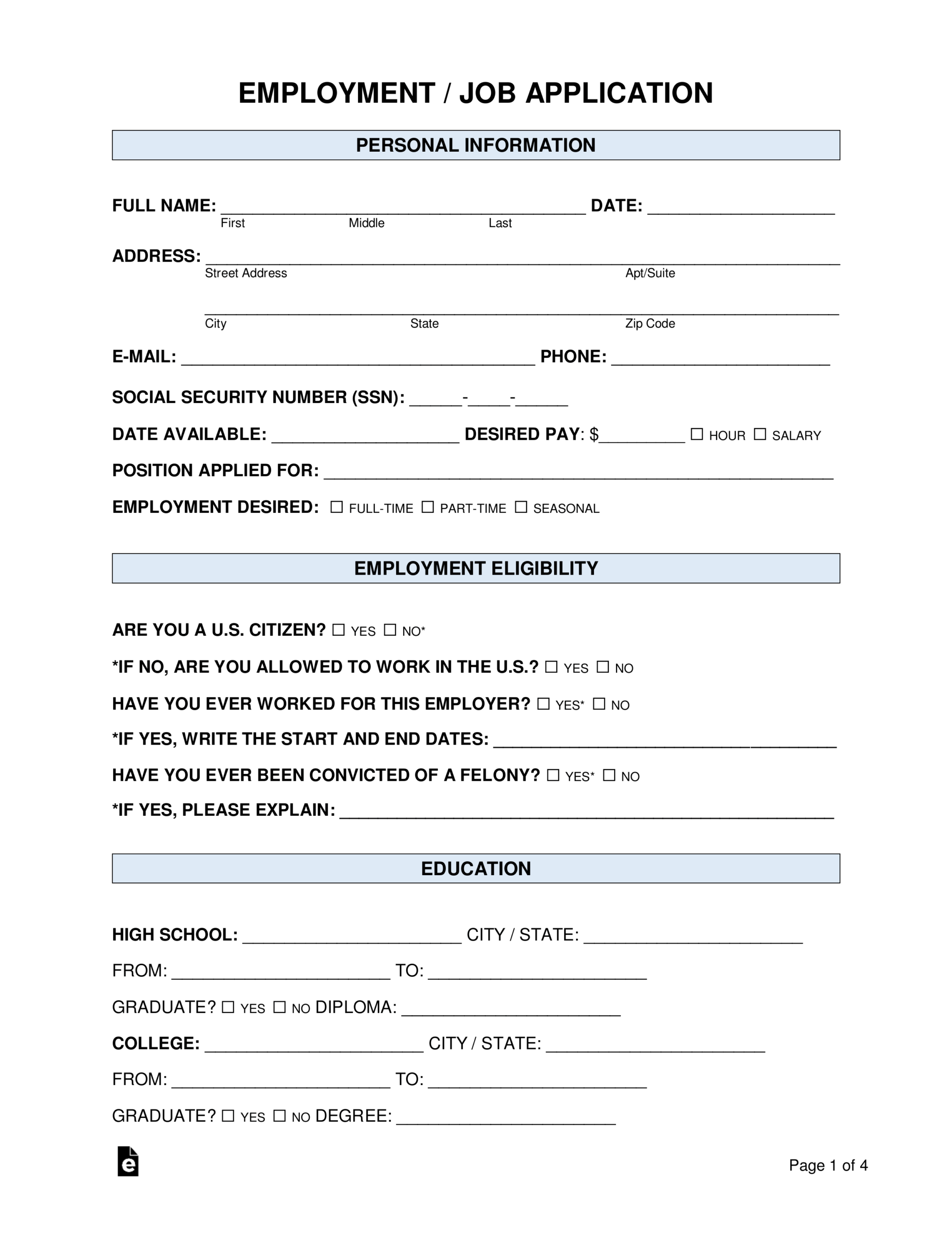 Free Job Application Form – Standard Template – Word | Pdf For Employment Application Template Microsoft Word