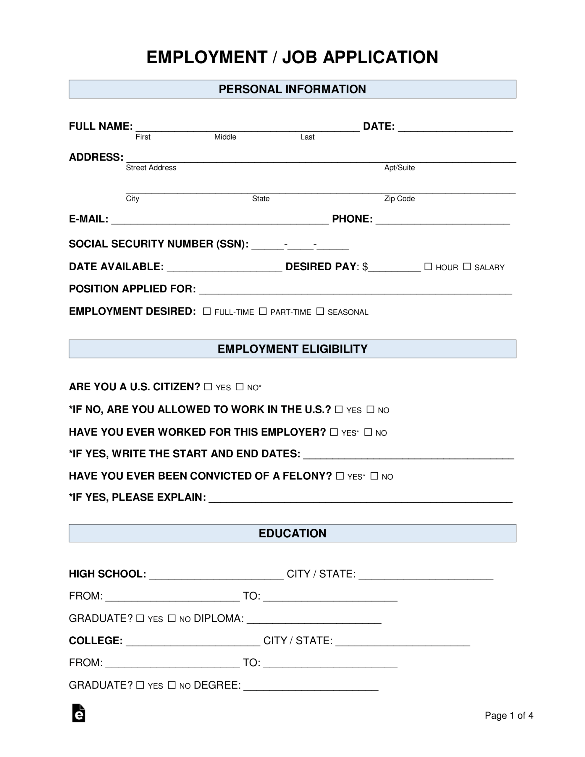 Free Job Application Form – Standard Template – Word | Pdf Within Job Application Template Word