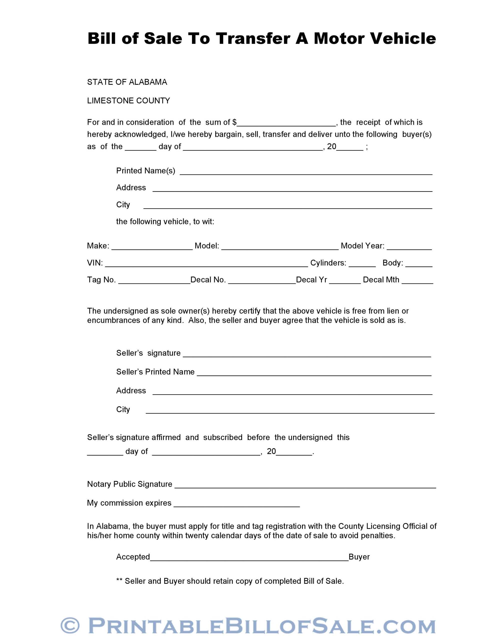 Free Limestone County Alabama Vehicle Bill Of Sale Form With Car Bill Of Sale Word Template