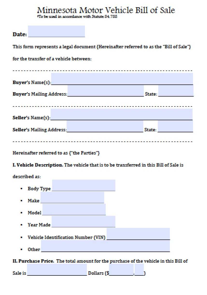 Free Minnesota Motor Vehicle Bill Of Sale Form | Pdf | Word Pertaining To Vehicle Bill Of Sale Template Word