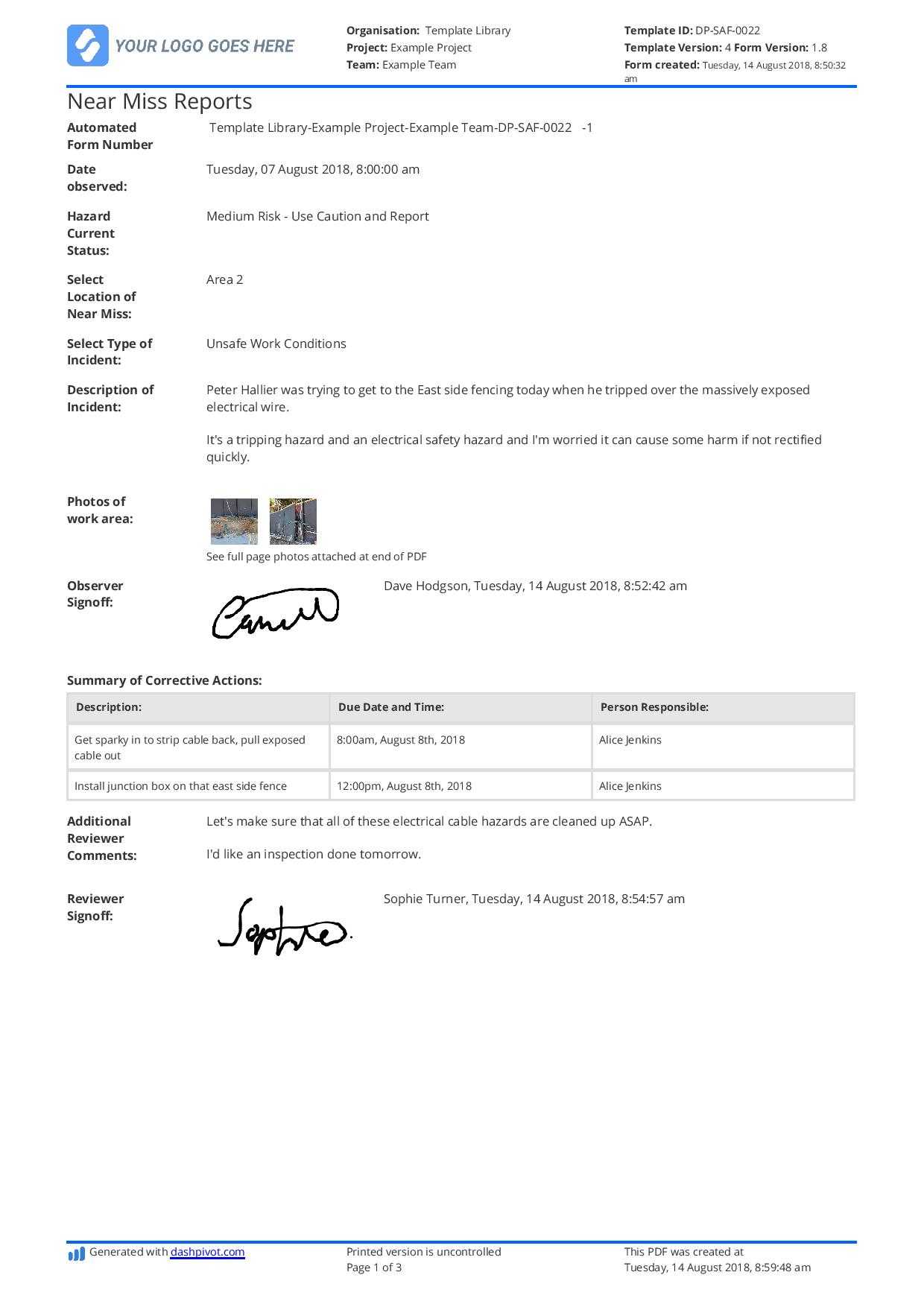 Free Near Miss Reporting Template (Easily Customisable) With Near Miss Incident Report Template