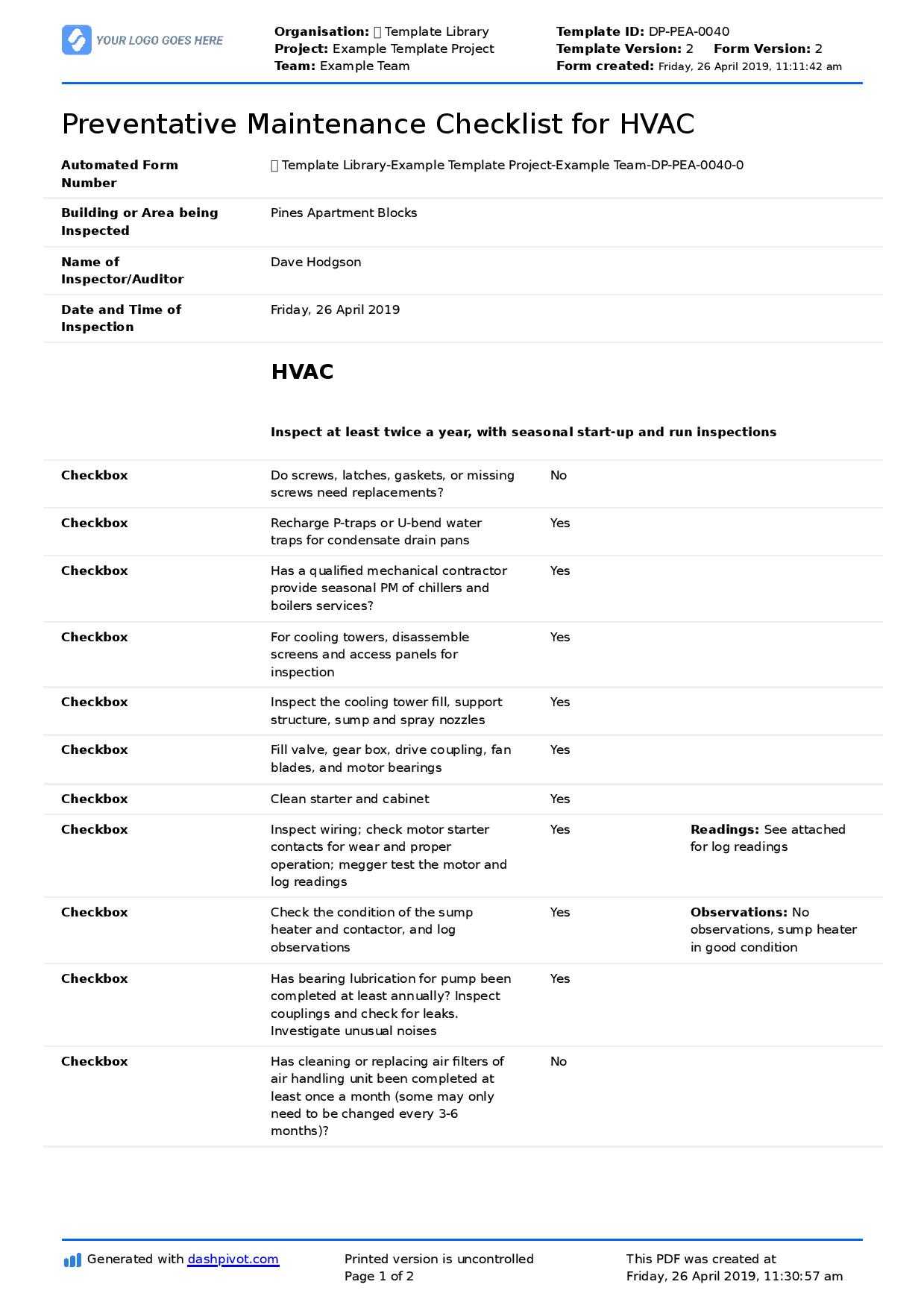 Free Preventative Maintenance Checklist For Hvac In Computer Maintenance Report Template