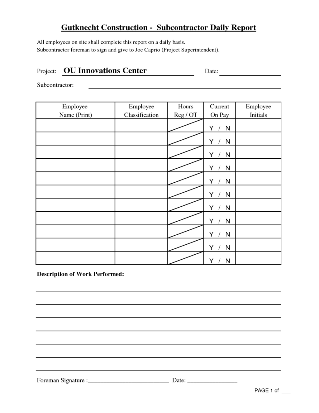 Free Printable Construction Daily Work Report Template For Free Construction Daily Report Template