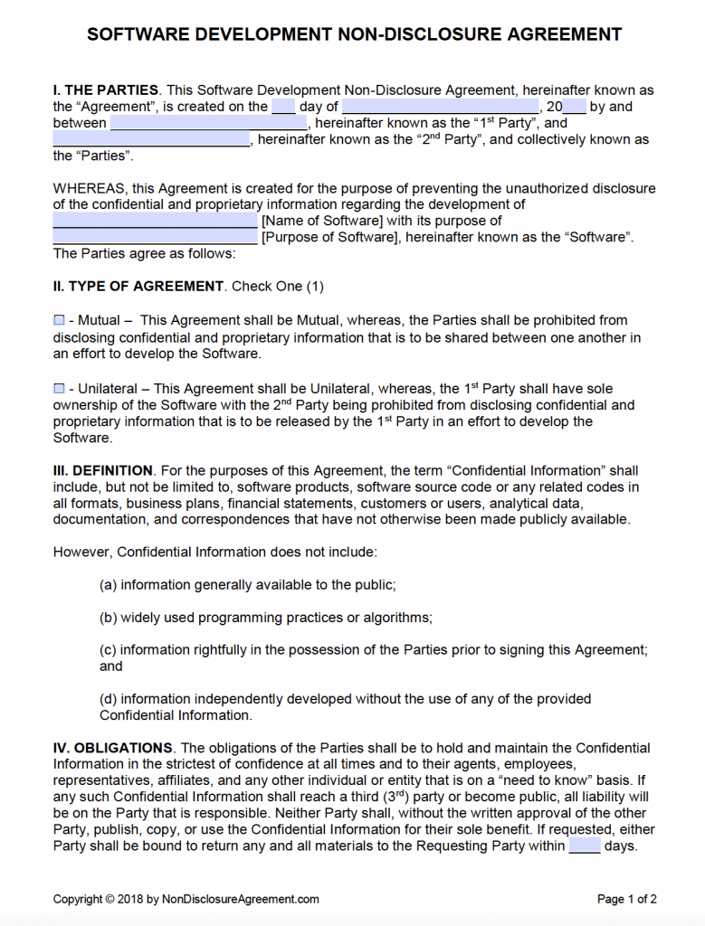 Free Software Development Non Disclosure Agreement (Nda In Nda Template Word Document