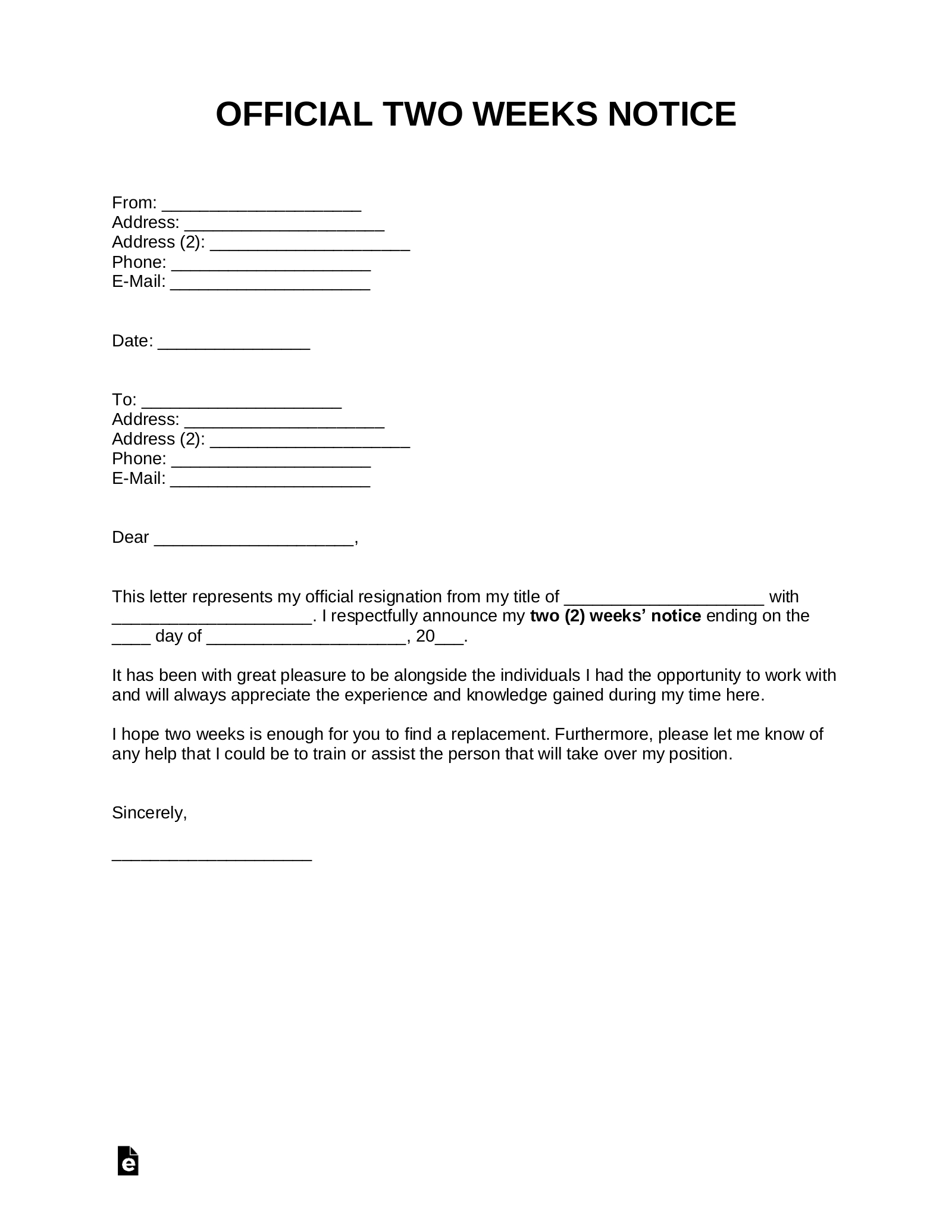 Free Two Weeks Notice Letter | Templates & Samples – Pdf For 2 Weeks Notice Template Word