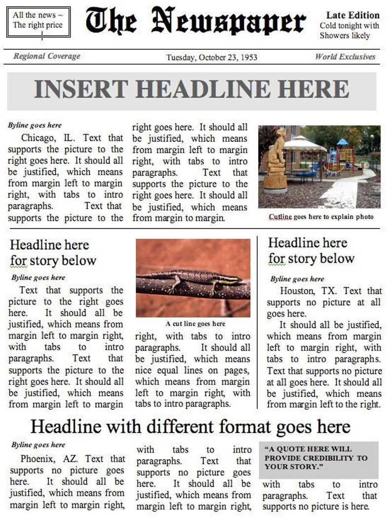 Front Page Newspaper Template, Layout 1 – Instant Download To Use In Word In Blank Newspaper Template For Word
