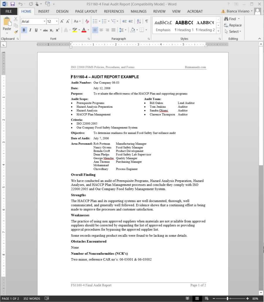 Fsms Audit Report Example Template | Fds1160 4 Within Internal Audit Report Template Iso 9001