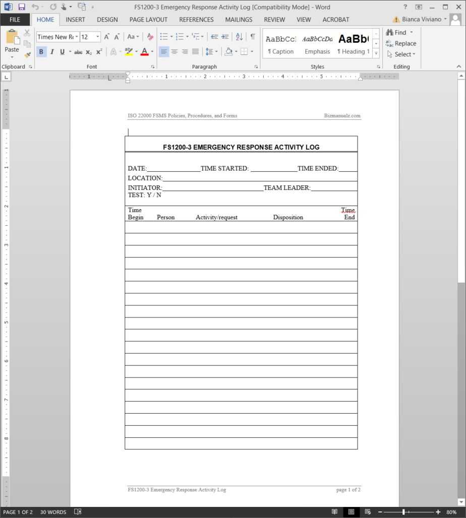 Fsms Emergency Response Activity Log Template | Fds1200 3 Inside Emergency Drill Report Template