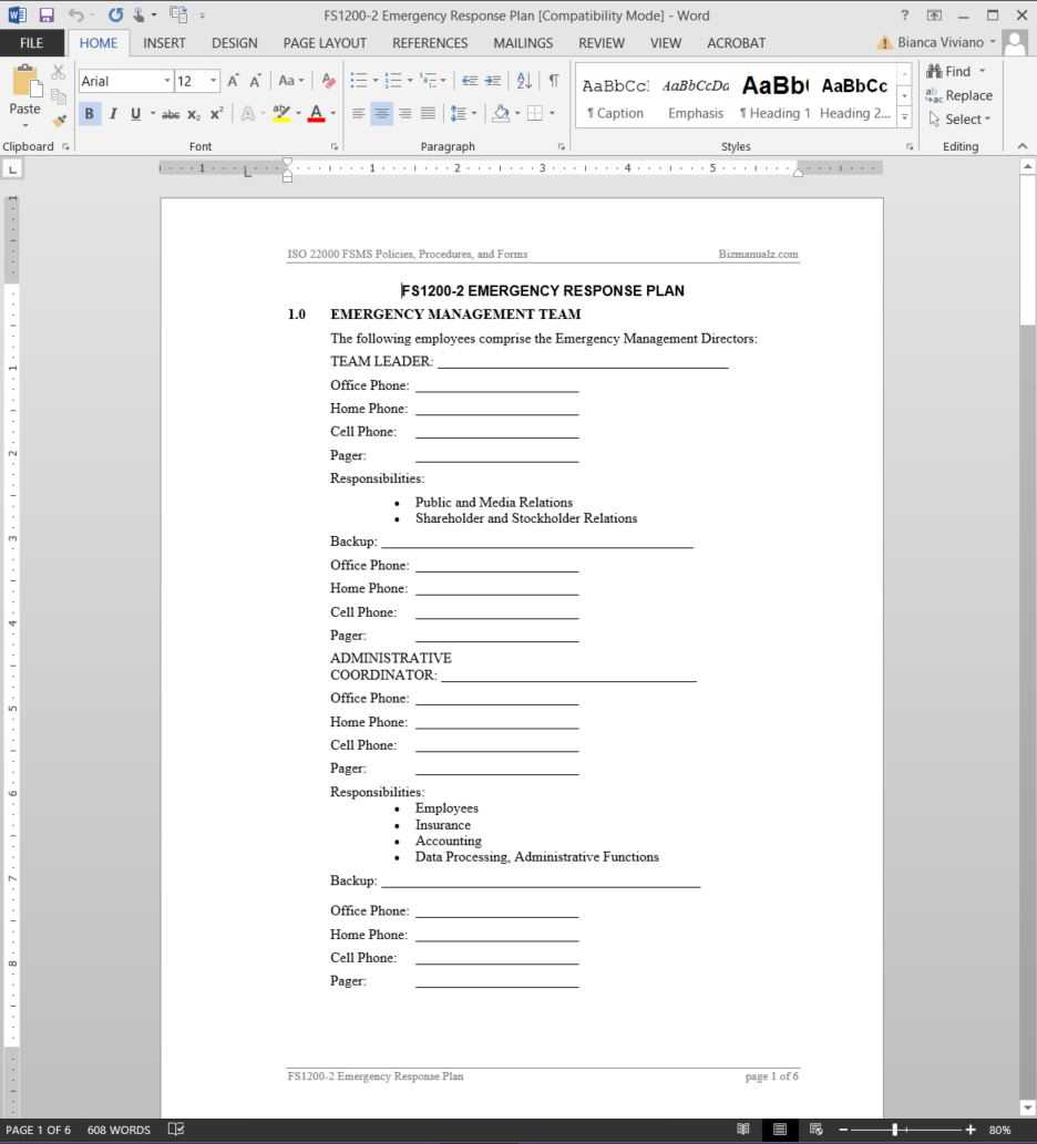 Fsms Emergency Response Plan Template | Fds1200 2 In Emergency Drill Report Template