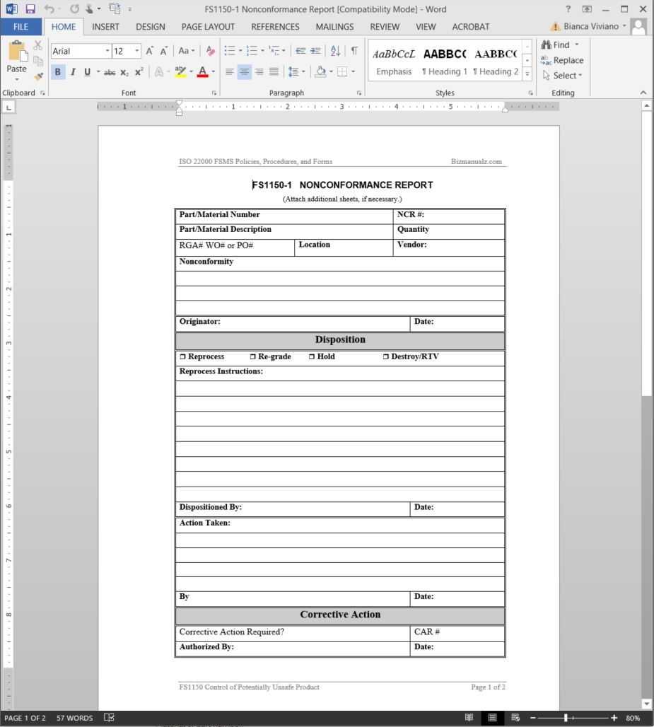 Fsms Nonconformance Report Template | Fds1150 1 Inside Non Conformance Report Form Template