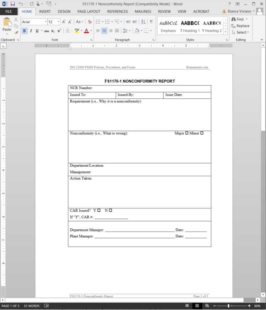 Fsms Nonconformity Report Template | Fds1170 1 With Regard To Non Conformance Report Form Template