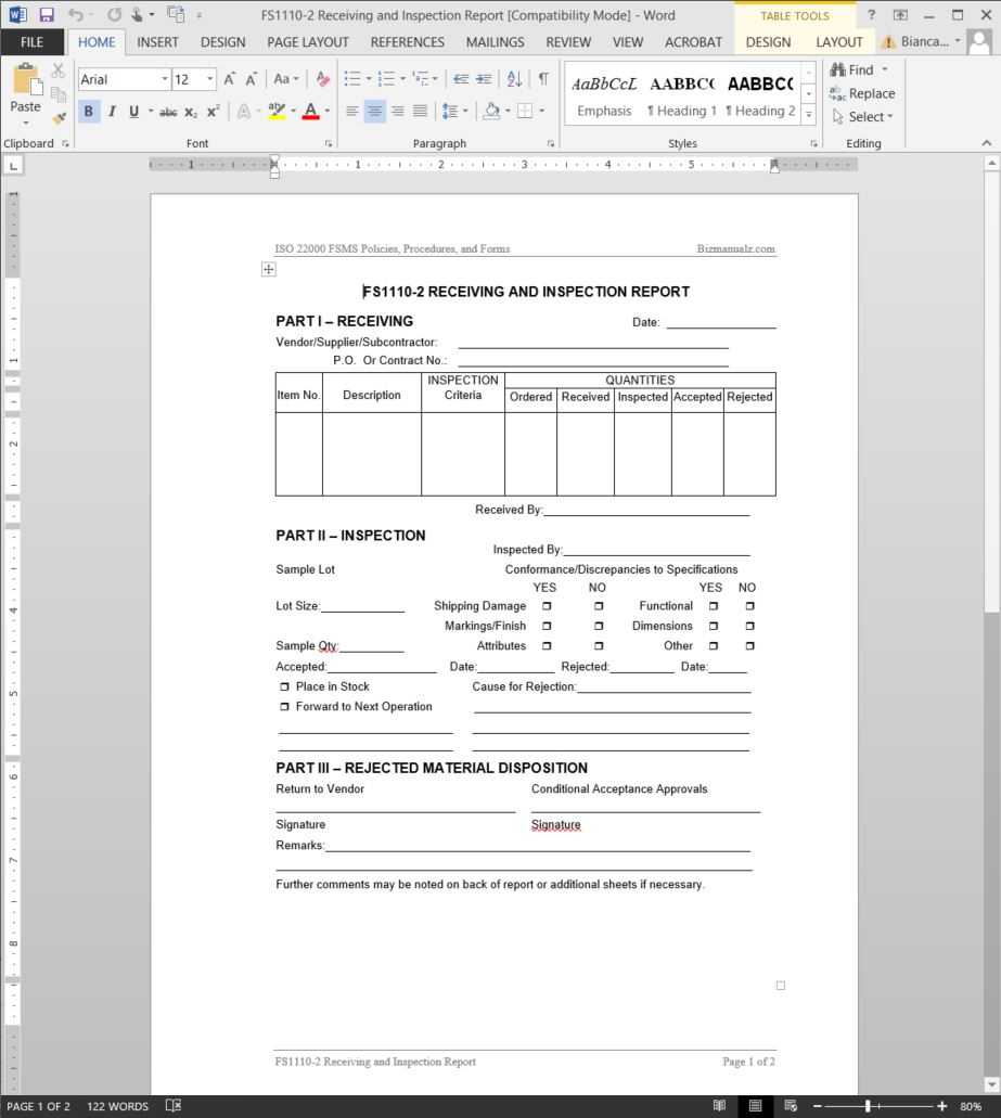 Fsms Receiving Inspection Report Template | Fds1110 2 Regarding Part Inspection Report Template