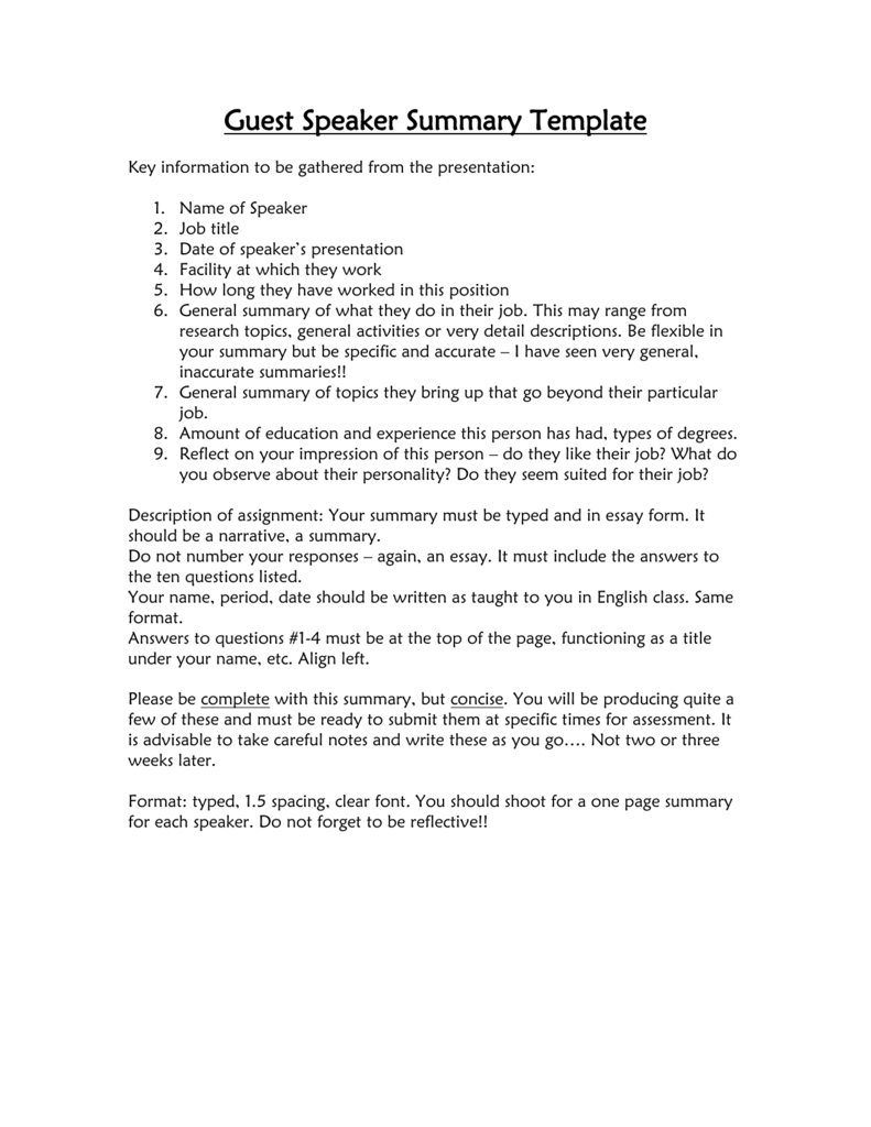 Guest Speaker Summary Template Within One Page Book Report Template