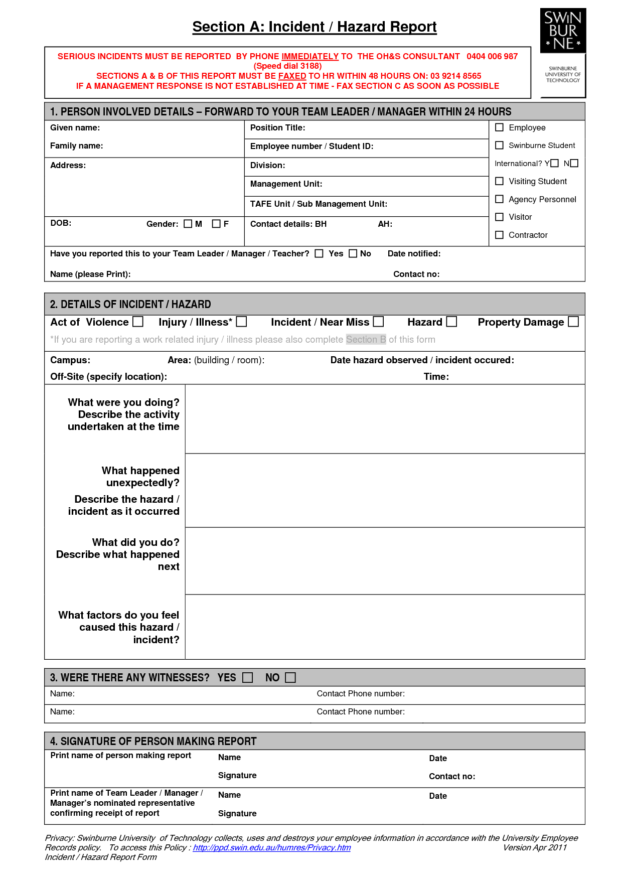 Hazard Incident Report Form Template - Business Template Ideas With Regard To Hazard Incident Report Form Template
