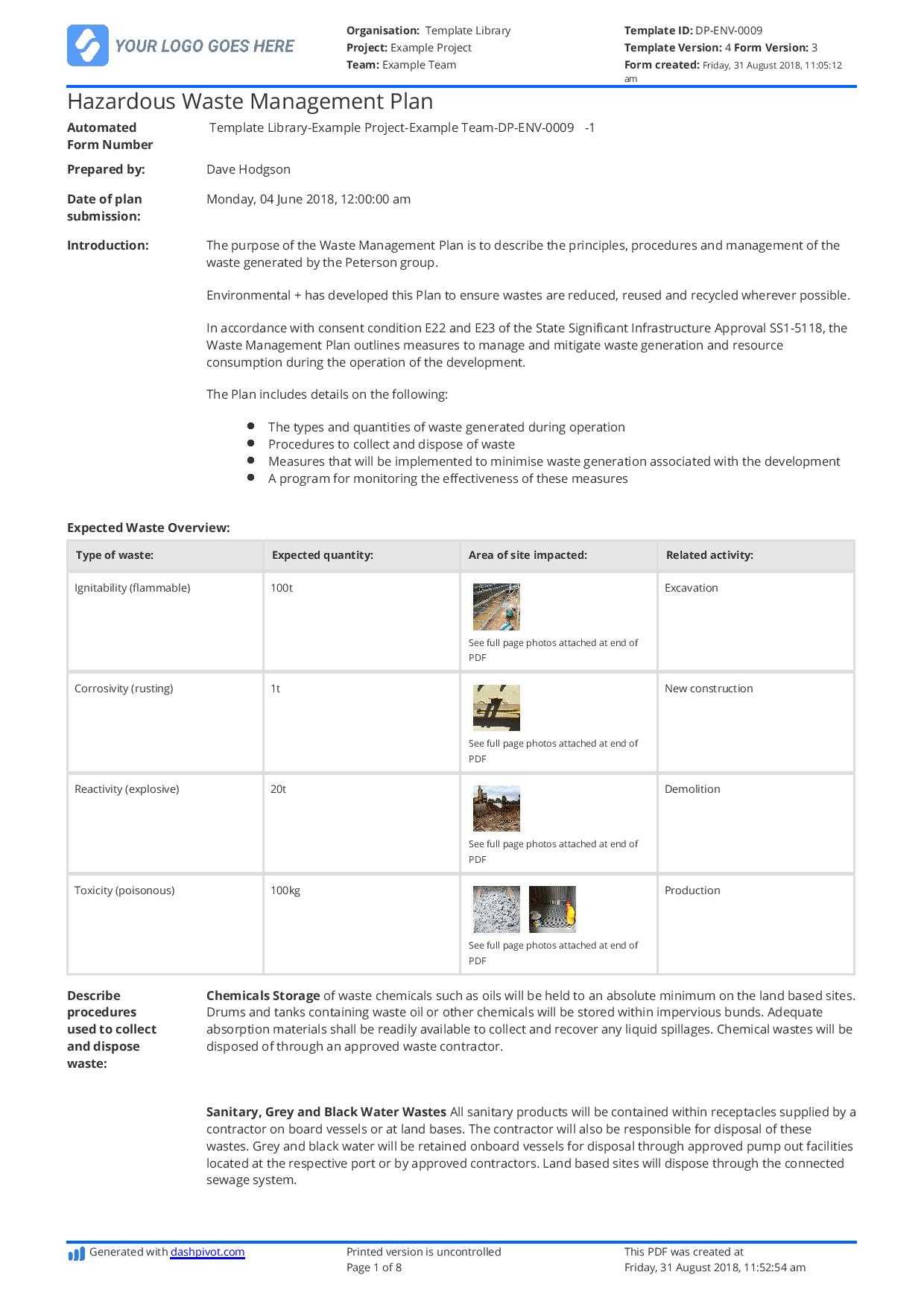 Hazardous Waste Management Plan Template - Free And Editable Regarding Waste Management Report Template