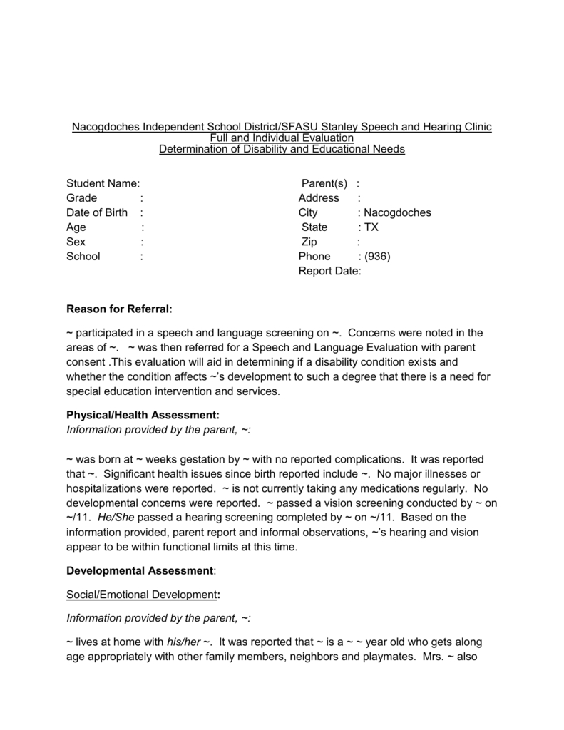 Speech And Language Report Template