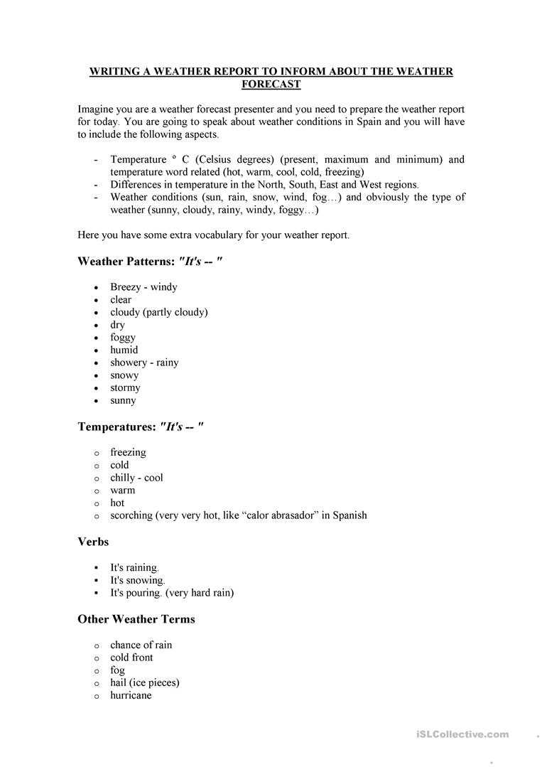 How To Write A Weather Report – English Esl Worksheets For With Kids Weather Report Template