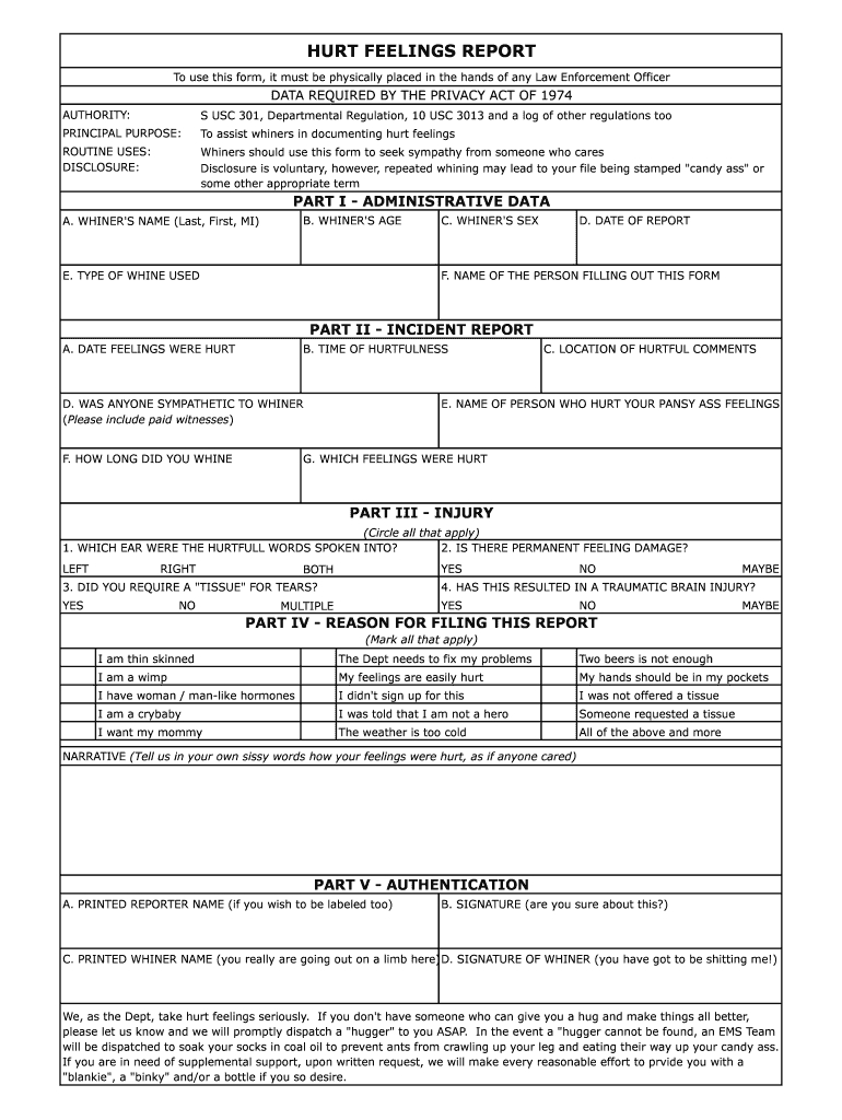 Hurt Feelings Report - Fill Online, Printable, Fillable Intended For Hurt Feelings Report Template