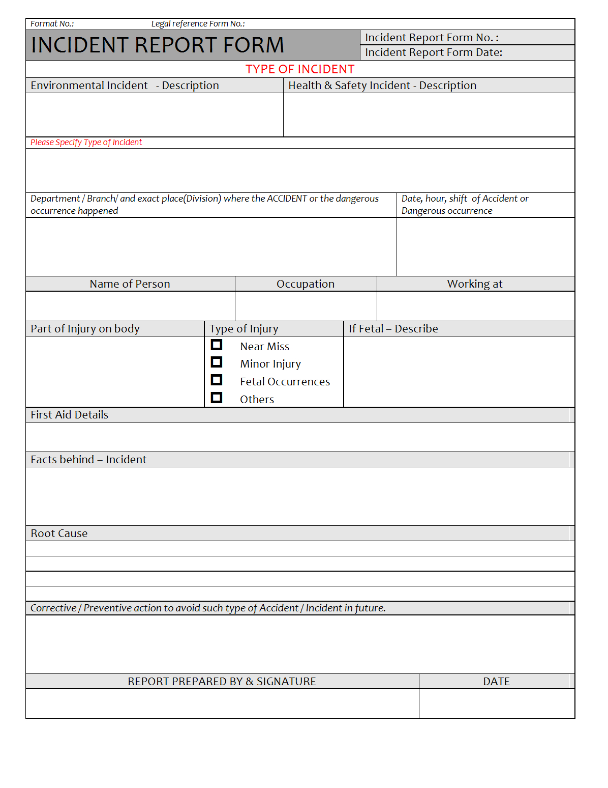 Incident Report Form – Regarding Hazard Incident Report Form Template