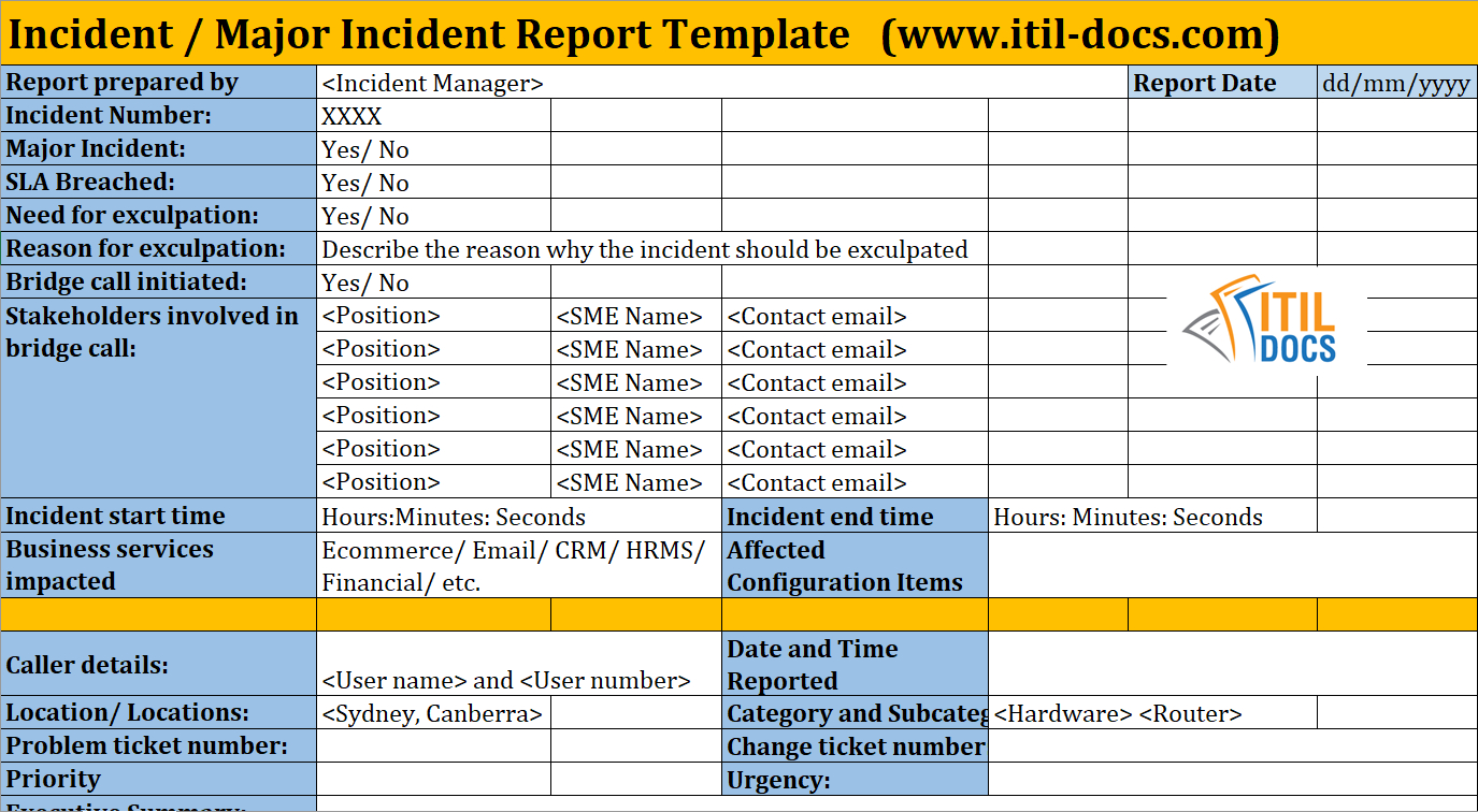 Incident Report Template | Major Incident Management – Itil Docs With Itil Incident Report Form Template