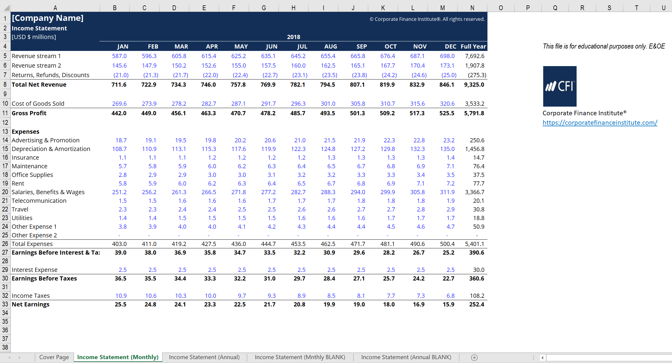 Income Statement Excel Model Template - Cfi Marketplace Regarding Excel Financial Report Templates