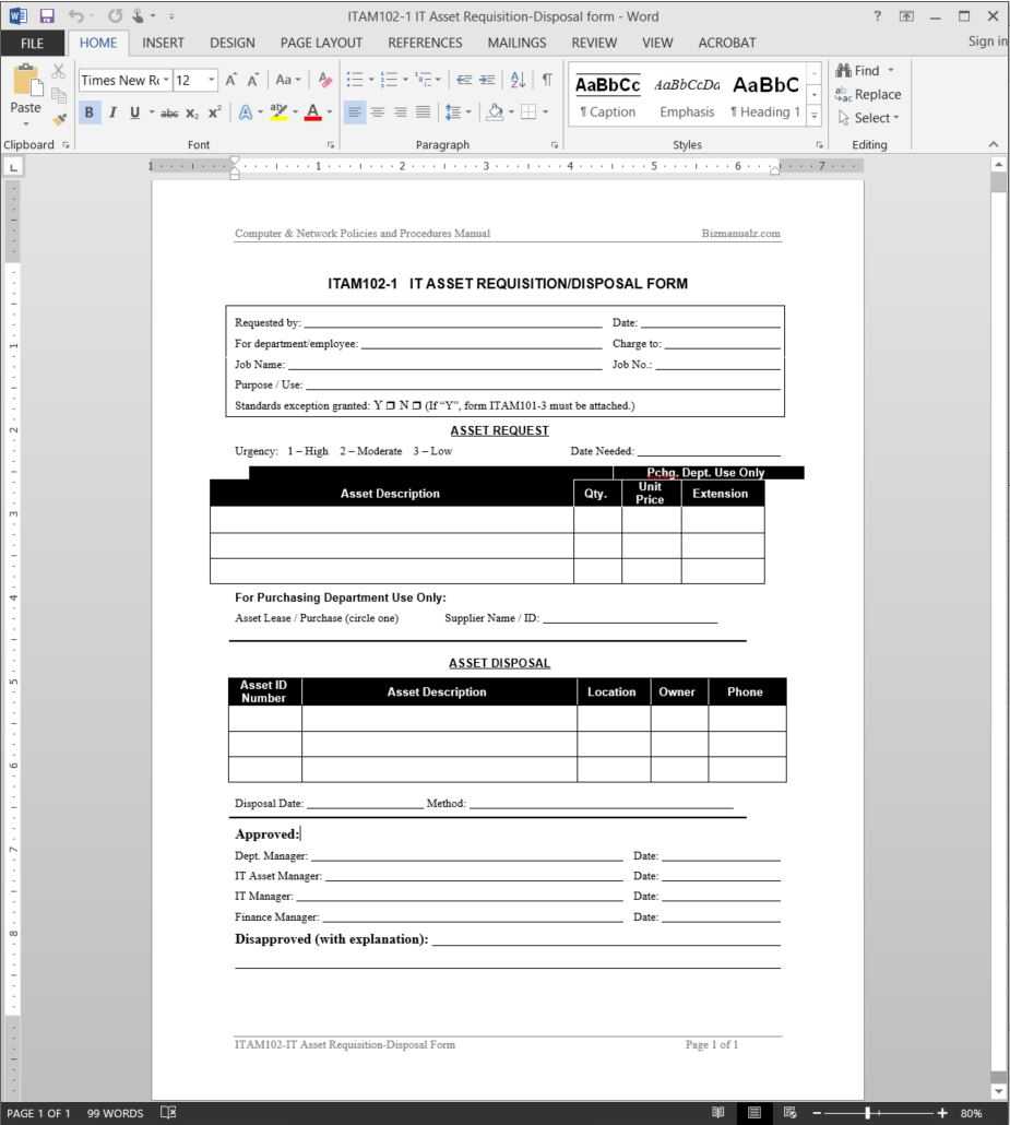It Asset Requisition Disposal Request Template | Itam102 1 For Check Request Template Word