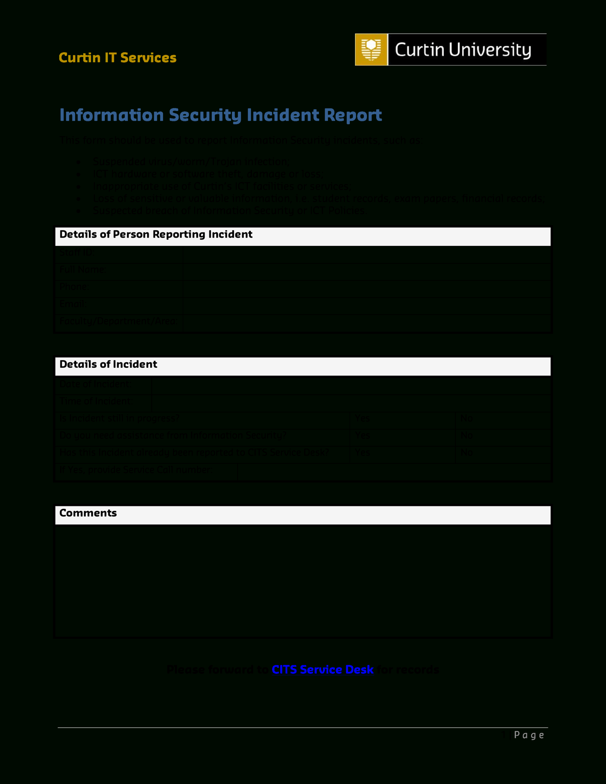 It Services Security Incident Report | Templates At Intended For Information Security Report Template